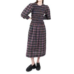 GANNI MULTICOLOR COTTON-BLEND SHIRRED CHECKED MIDI DRESS SIZE 34